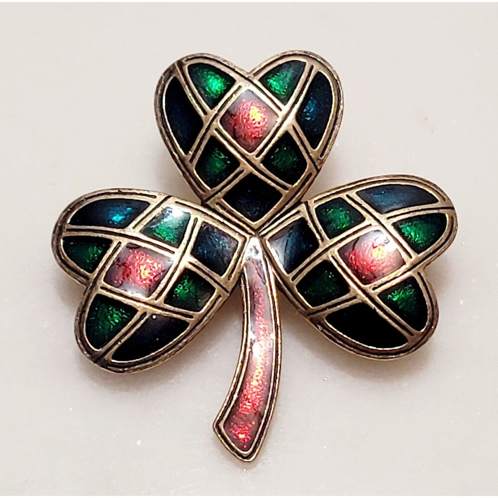 Sol D'or Heart Shamrock Brooch Enameled Celtic Pin and/ or Pendant Vintage